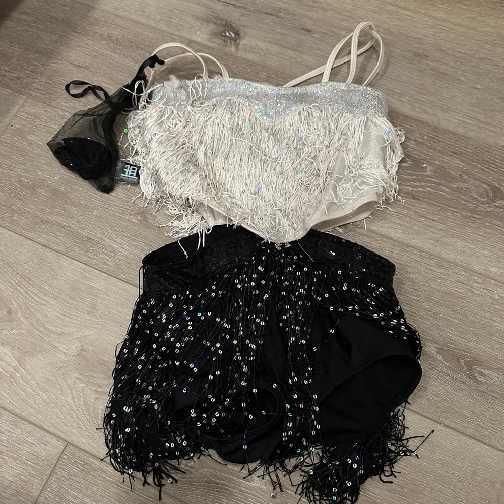 White Fringe cutout Black Sequin costume